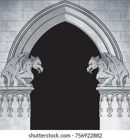 Gothic arch with gargoyles hand drawn vector illustration. Frame or print design.