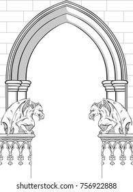 Gothic arch with gargoyles hand drawn vector illustration. Frame or print design.