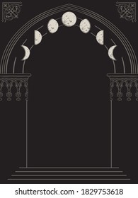 Gothic arch with moon phases hand drawn vector illustration. Frame or print design