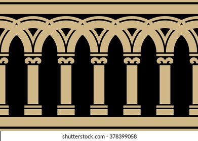 Gothic Arch Seamless Border. OCher on black