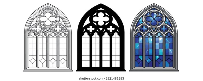 Gothic Arch Stained Glass Window Vector Illustration Set - Collection of 3 Cathedral Church Symbols in Black Outline, Silhouette, and Blue Color Style for Architectural and Religious Design


