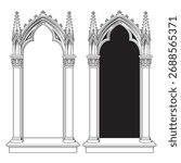 Gothic Arch Window with Ornate Columns and Decorative Architecture Medieval Cathedral Frame Vector Illustration
