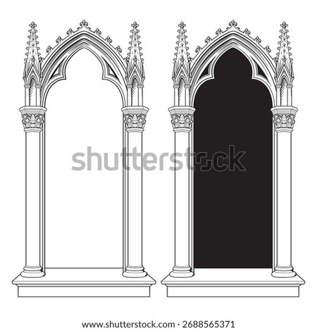 Gothic Arch Window with Ornate Columns and Decorative Architecture Medieval Cathedral Frame Vector Illustration