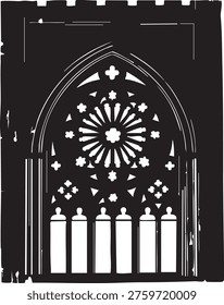 Gothic arch window with ornate stained glass pattern and bars black and white silhouette