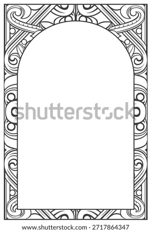 Gothic arched frame cover. Stained glass vignette or print. Silhouette or forging.