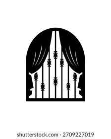 Ilustración vectorial de silueta de ventana y cortinas arqueadas góticas: ventana medieval con barras de metal adornadas y cortinas