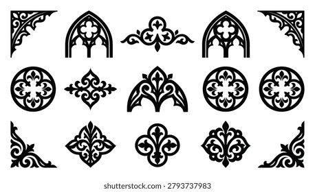 Gothic architectural elements, decorative ornaments, including windows and fleur de lis designs.