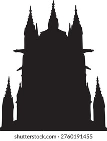 Gothic architectural silhouette with intricate spires and arched windows evoking a sense of grandeur and historical majesty rendered in stark black and white contrast for dramatic visual impact