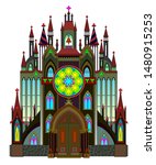 Gothic architectural style. Middle ages in Western Europe. Fantasy illustration of medieval cathedral on white background. Beautiful stained glass rose and windows. Modern print for travel company.