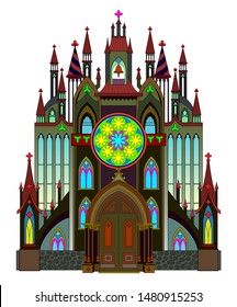 Gothic architectural style. Middle ages in Western Europe. Fantasy illustration of medieval cathedral on white background. Beautiful stained glass rose and windows. Modern print for travel company.