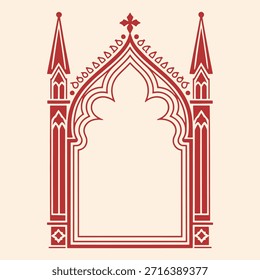 Marco de ventana arquitectónico gótico con doble contorno rojo y blanco y arcos apuntados