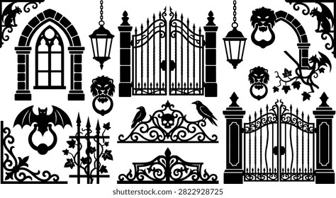 Gothic architecture elements and wrought iron gates silhouette set vector. Vintage spooky Halloween collection with arched window, lanterns, gargoyle, door knockers, and fences isolated on white background.