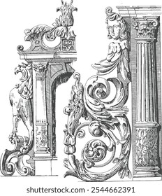 gothic architecture, frame, vintage, ancient, pillar, classic, antique, drawing, 