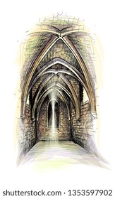 Gothic architecture hall. Castle indoor. church indoor. Vector illustration