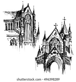 Gothic architecture. Hand drawn gothic cathedral. Vector illustration.