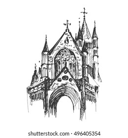 Gothic architecture. Hand drawn gothic cathedral. Vector illustration.