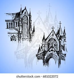 Gothic architecture. Hand drawn gothic cathedral. Vector illustration.