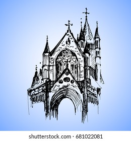 Gothic architecture. Hand drawn gothic cathedral. Vector illustration.