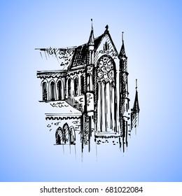 Gothic architecture. Hand drawn gothic cathedral. Vector illustration.