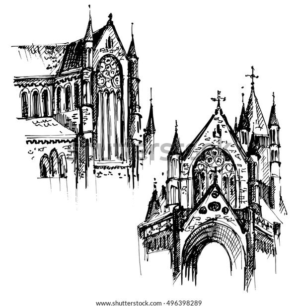 Gothic Architecture Hand Drawn Gothic Cathedral Stock Vector (Royalty Free)  496398289