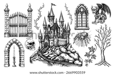 Gothic architecture hand-drawn vector illustration. Fantasy castle sketch. Halloween design elements. NOT AI generated