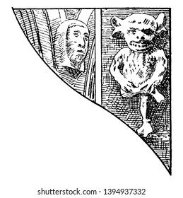 Gothic Architecture Ornament Statue Imp Faces from Claybrooke Church for architectural ornamentation, vintage line drawing or engraving illustration.