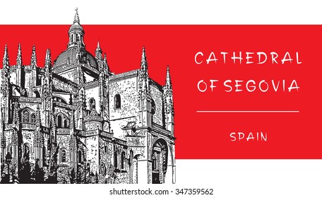 Gothic architecture in Spain. Cathedral of Segovia. Red, black and white image.
Vector illustration in engraving style.