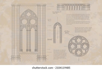 Gothic architecture. Vector illustration, drawing on old paper.
