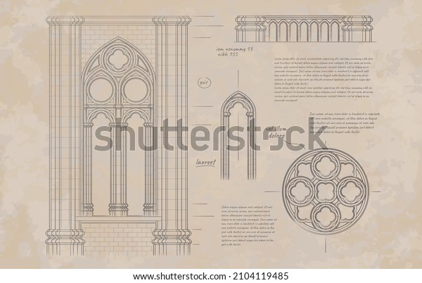 Gothic architecture. Vector illustration, drawing
on old paper.
