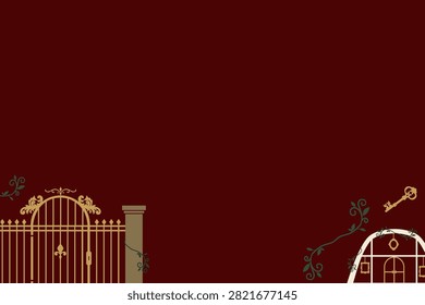 Gothic archway foundation layout with magical floating elements. Horizontal winter courtyard footer design leaving empty space for typography.