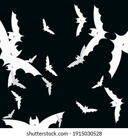 Gothic Attack Scary Bats Vector Background. Retro Sky Chaos Night Art Flying Bats Fabrics. Spooky Light Funny Motion Modern Style Background. Black Creepy Print White Halloween Art Illustration.