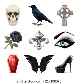 Gothic attributes icons photo-realistic vector set