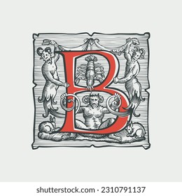 Logo des gotischen B-Briefes. mittelalterliches Tropfen. Teufel, Hexen und Geister in der Hölle. Gravierende Schraffurgrafik. Germanische Schriftart für Bezauberungsetiketten, heidnische Musik, schwarze Magie-Plakate, Tränenverpackungen.