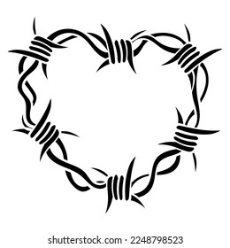 Gothic barbwire howing heart shape. T-shirt print for Valentine's Day or Halloween. Hand drawing illustration isolated on white background. Vector EPS 10