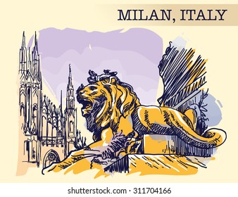 Gothic and Baroque architecture meeting at Piazza del Duomo in Milan. Painted sketch imitating ink pen drawing above blurry watercolor. EPS10 vector illustration.