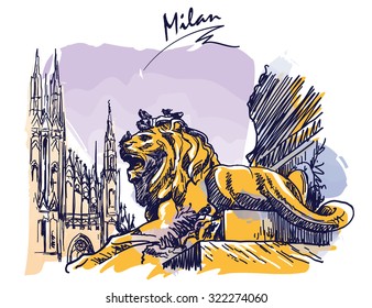 Gothic and Baroque architecture meeting at Piazza del Duomo in Milan. Painted sketch imitating ink pen drawing above blurry watercolor. EPS10 vector illustration.