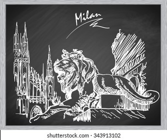 Gothic and Baroque architecture meeting at Piazza del Duomo in Milan. Sketch  imitating chalk drawing on a blackboard. EPS10 vector illustration.