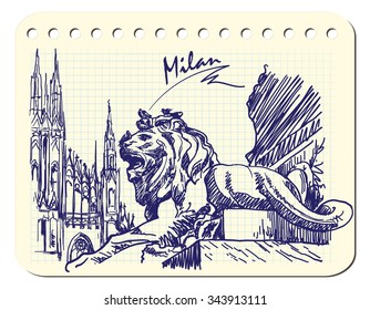 Gothic and Baroque architecture meeting at Piazza del Duomo in Milan. Sketch imitating ink pen scribbling in a notepad. EPS10 vector illustration.