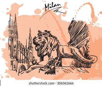 Gothic and Baroque architecture meeting together at Piazza del Duomo in Milan. Sketch style drawing imitating ink pen drawing with a grunge background on a separate layer. EPS10 vector illustration.