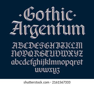 Gothic beveled font,decorative silver metallic 3d blackletter typeface. Uppercase and lowercase. Vector illustration. 