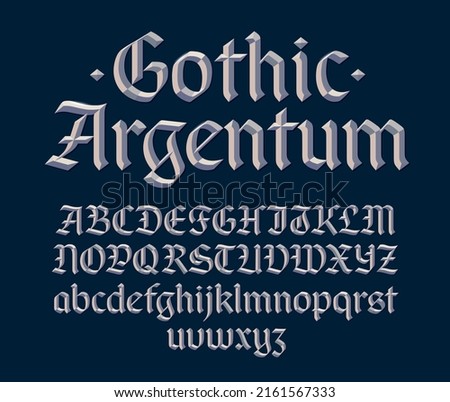 Gothic beveled font,decorative silver metallic 3d blackletter typeface. Uppercase and lowercase. Vector illustration. 