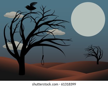 Gothic Bird Sits creepy curvy tree noose dusky red full moon vector illustration