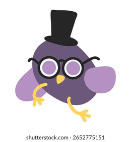 Gothic bird. Gothic Victorian bird with top hat and glasses. Black stovepipe hat. Purple cartoon bird mascot. Fancy avian with aristocratic clothing. Noble animal mascot sticker icon. Vector EPS 10.