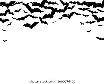 Gothic black bats flock isolated on white vector Halloween background. Flying fox night creatures illustration. Silhouettes of flying bats vampire Halloween symbols on white.