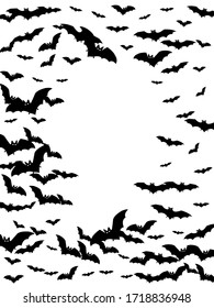 Gothic black bats flock isolated on white vector Halloween background. Rearmouse night creatures illustration. Silhouettes of flying bats vampire Halloween symbols on white.