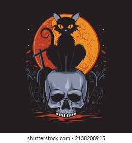 gothic black cat standing on skull illustration