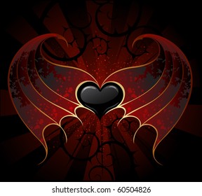 gothic black heart of a vampire with skin, membranous wings, the dark luminous background.