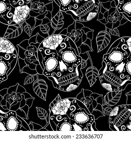 Gothic black seamless pattern with roses and sugar skulls. Vector Illustration 