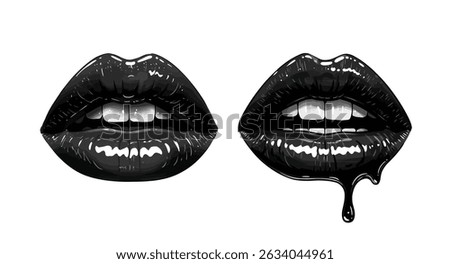 A gothic black vector illustration of glossy lips, one with dripping black liquid.