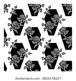 Gothic black and white seamless pattern featuring stylized roses growing across dark, geometric coffin shapes. Ideal for Halloween, alternative fashion, and dark art designs.
